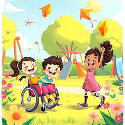 A vibrant and cheerful animated scene featuring happy children with disabilities playing together