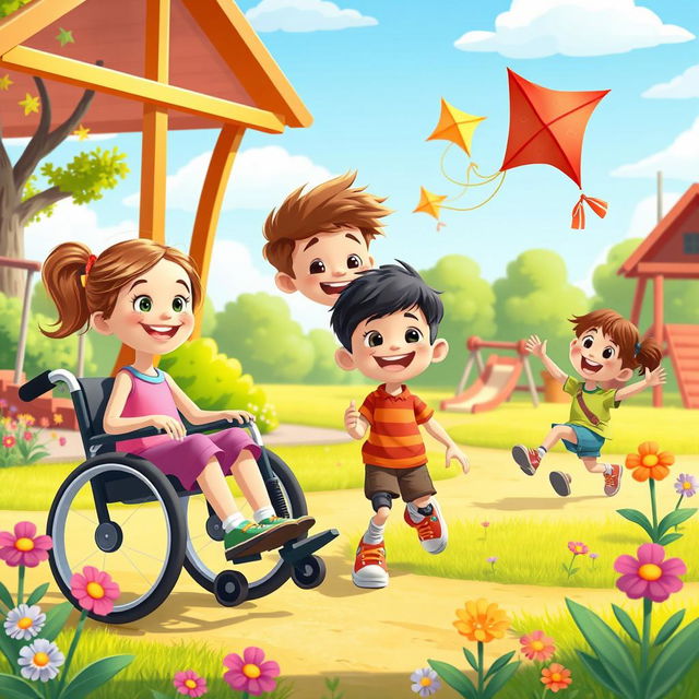 A vibrant and cheerful animated scene featuring happy children with disabilities playing together