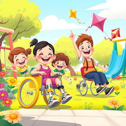 A vibrant and cheerful animated scene featuring happy children with disabilities playing together
