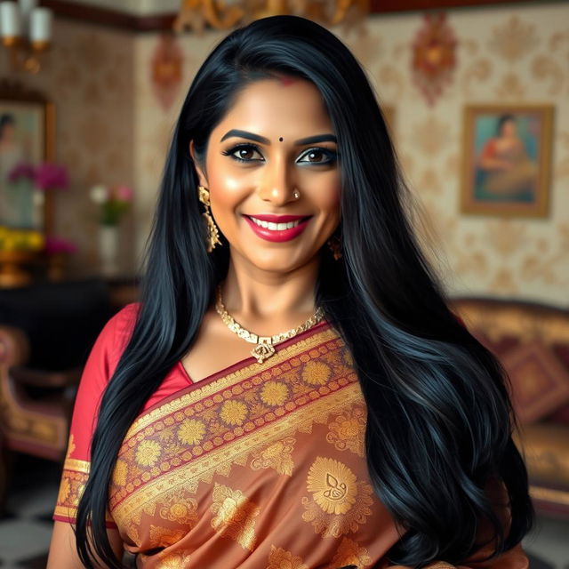 A portrait of a stunning Indian woman in her 40s, exuding confidence and elegance