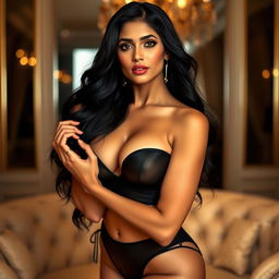 A glamorous Indian woman with an alluring presence, dressed in a stylish and seductive outfit that highlights her curves