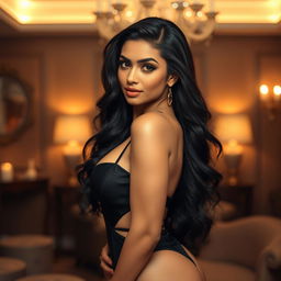 A glamorous Indian woman with an alluring presence, dressed in a stylish and seductive outfit that highlights her curves