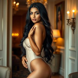 A glamorous Indian woman with an alluring presence, dressed in a stylish and seductive outfit that highlights her curves