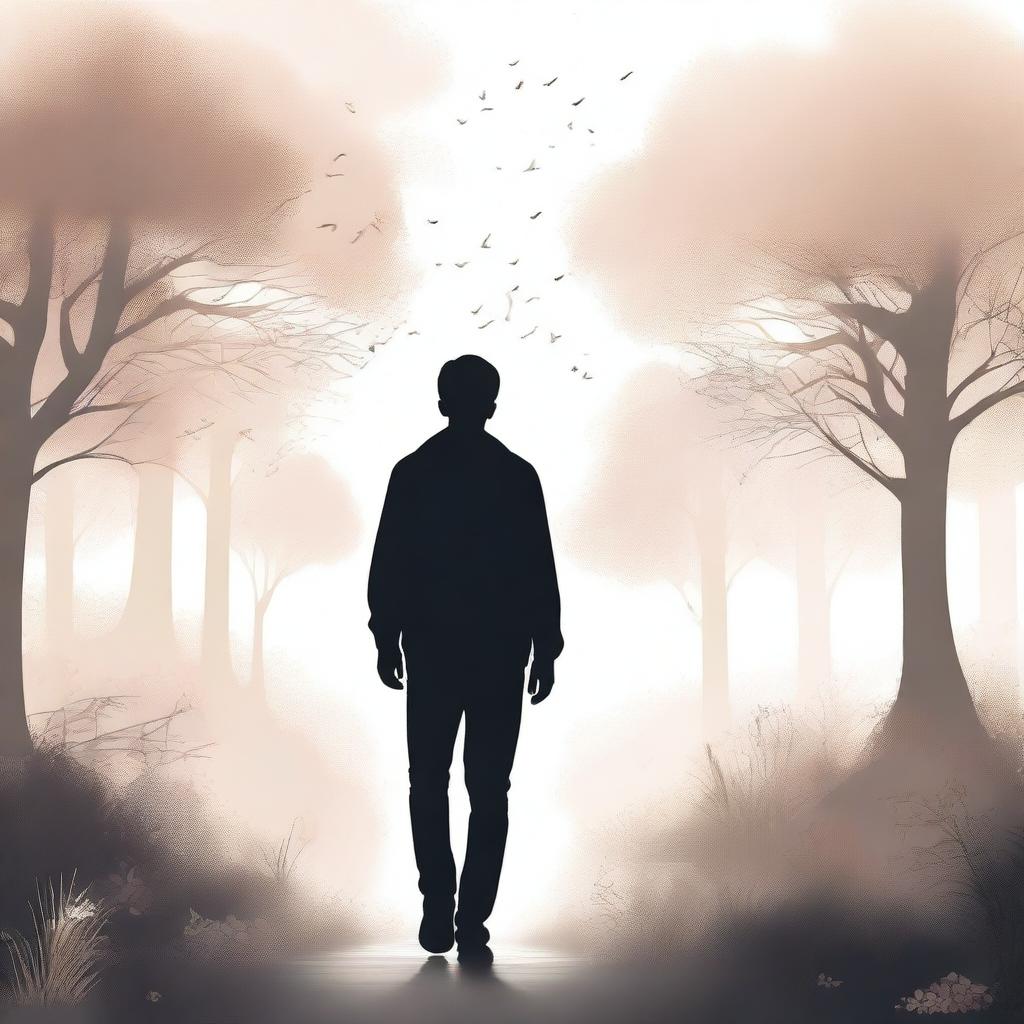 A high-quality digital art piece showcasing the silhouette of a young white male from the back, strolling through an enchanting, harmonious environment