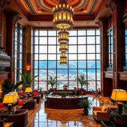 A luxurious hotel lobby in Cusco, Peru, showcasing elegant architecture with intricate Incan-inspired designs