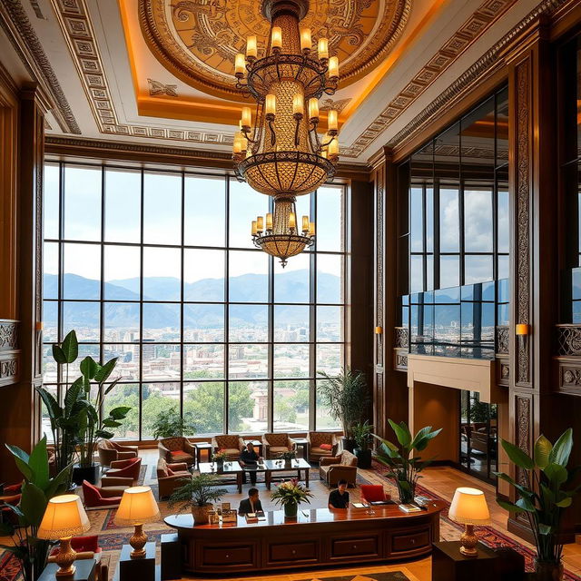 A luxurious hotel lobby in Cusco, Peru, showcasing elegant architecture with intricate Incan-inspired designs