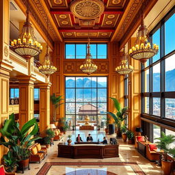 A luxurious hotel lobby in Cusco, Peru, showcasing elegant architecture with intricate Incan-inspired designs