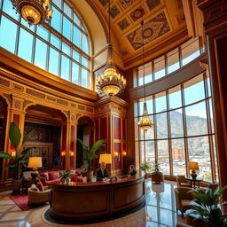 A luxurious hotel lobby in Cusco, Peru, showcasing elegant architecture with intricate Incan-inspired designs