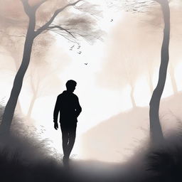 A high-quality digital art piece showcasing the silhouette of a young white male from the back, strolling through an enchanting, harmonious environment