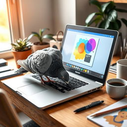 A whimsical scene of a pigeon perched on a modern laptop, pecking at the keyboard with curiosity