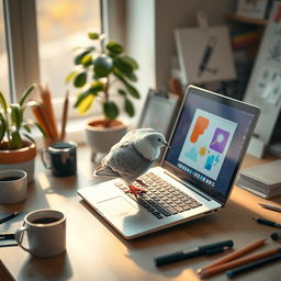 A whimsical scene of a pigeon perched on a modern laptop, pecking at the keyboard with curiosity