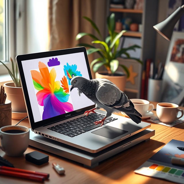 A whimsical scene of a pigeon perched on a modern laptop, pecking at the keyboard with curiosity