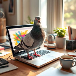 A whimsical scene of a pigeon perched on a modern laptop, pecking at the keyboard with curiosity
