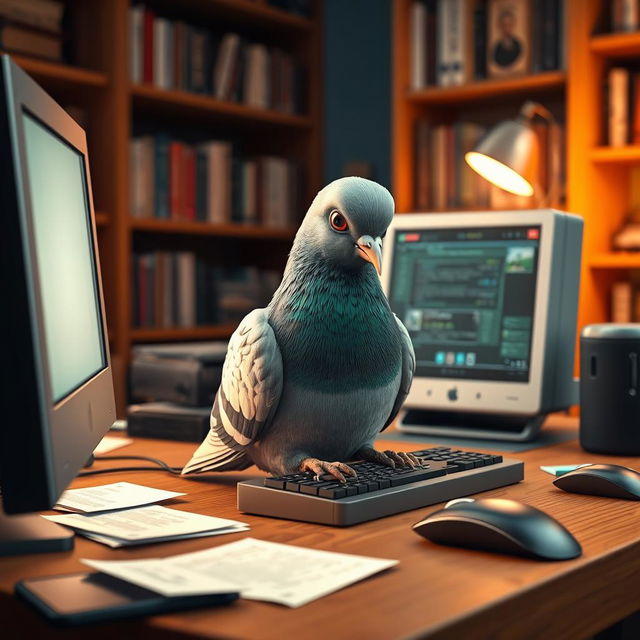 A highly detailed 3D rendering of a pigeon sitting at a computer desk, interacting with a computer screen