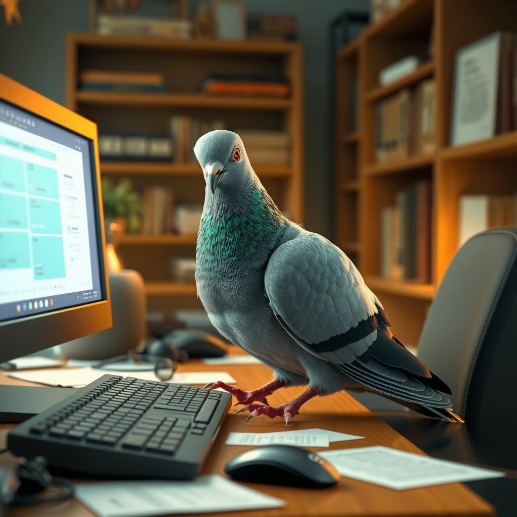 A highly detailed 3D rendering of a pigeon sitting at a computer desk, interacting with a computer screen