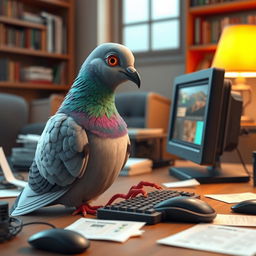 A highly detailed 3D rendering of a pigeon sitting at a computer desk, interacting with a computer screen