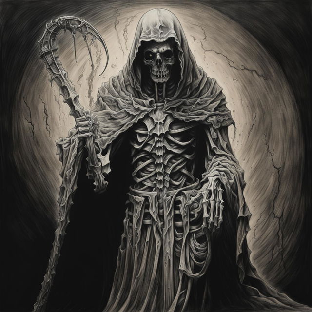 A highly detailed, light black and white graphite pencil drawing of the classic Grim Reaper