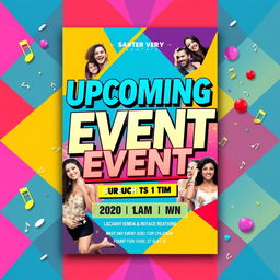 A vibrant and eye-catching flyer design, featuring a colorful background with geometric patterns
