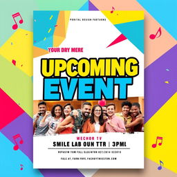 A vibrant and eye-catching flyer design, featuring a colorful background with geometric patterns