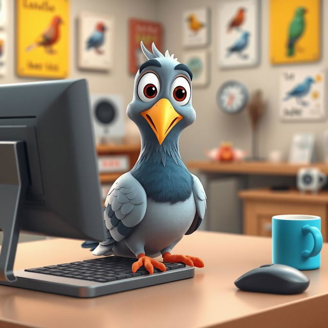 A vibrant 3D cartoon pigeon sitting at a computer desk, engaging with the monitor