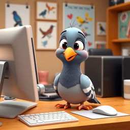 A vibrant 3D cartoon pigeon sitting at a computer desk, engaging with the monitor