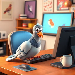 A vibrant 3D cartoon pigeon sitting at a computer desk, engaging with the monitor