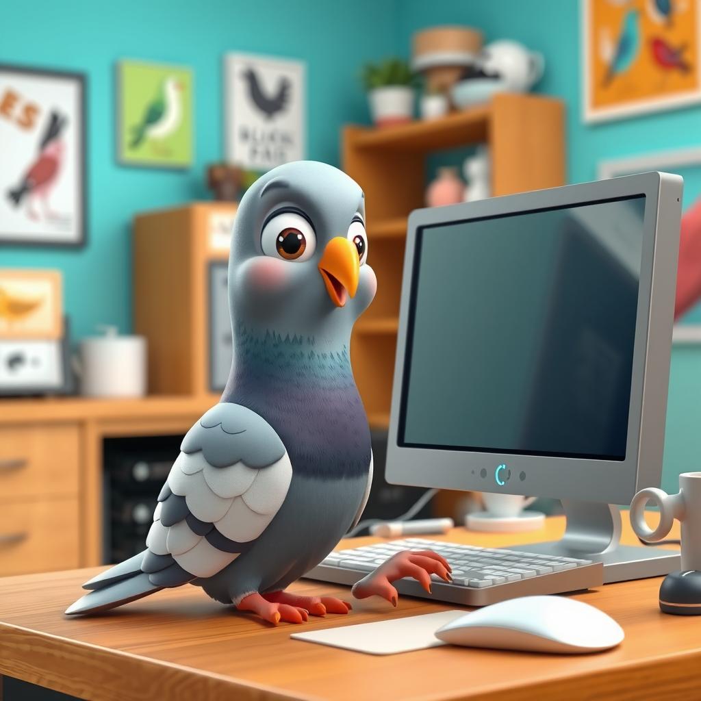 A vibrant 3D cartoon pigeon sitting at a computer desk, engaging with the monitor