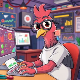 A human-like cartoon pigeon sitting at a computer, engaging with a vibrant graphic interface, wearing stylish glasses and a casual t-shirt, with expressive large eyes and a friendly smile