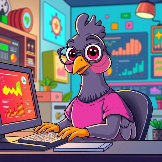 A human-like cartoon pigeon sitting at a computer, engaging with a vibrant graphic interface, wearing stylish glasses and a casual t-shirt, with expressive large eyes and a friendly smile