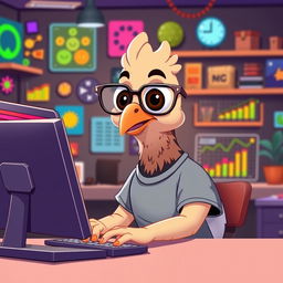 A human-like cartoon pigeon sitting at a computer, engaging with a vibrant graphic interface, wearing stylish glasses and a casual t-shirt, with expressive large eyes and a friendly smile