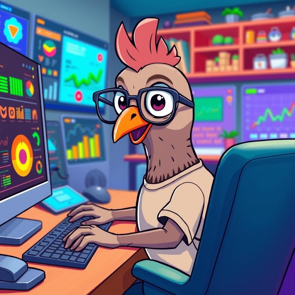 A human-like cartoon pigeon sitting at a computer, engaging with a vibrant graphic interface, wearing stylish glasses and a casual t-shirt, with expressive large eyes and a friendly smile