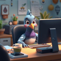 A human-like 3D cartoon pigeon sitting at a desk, focused on a computer screen