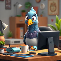 A human-like 3D cartoon pigeon sitting at a desk, focused on a computer screen