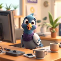 A human-like 3D cartoon pigeon sitting at a desk, focused on a computer screen