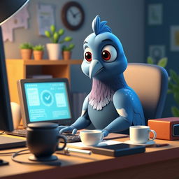 A human-like 3D cartoon pigeon sitting at a desk, focused on a computer screen