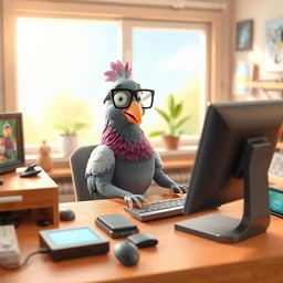 A human-like 3D cartoon pigeon sitting at a desk and using a modern computer