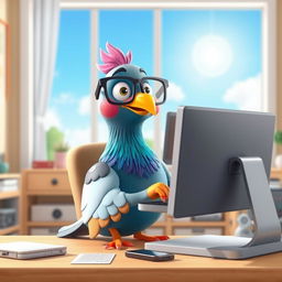A human-like 3D cartoon pigeon sitting at a desk and using a modern computer