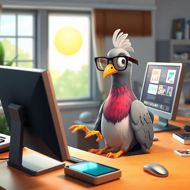 A human-like 3D cartoon pigeon sitting at a desk and using a modern computer