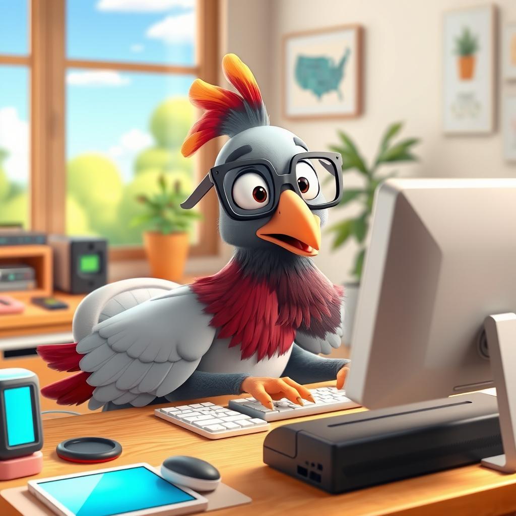 A human-like 3D cartoon pigeon sitting at a desk and using a modern computer