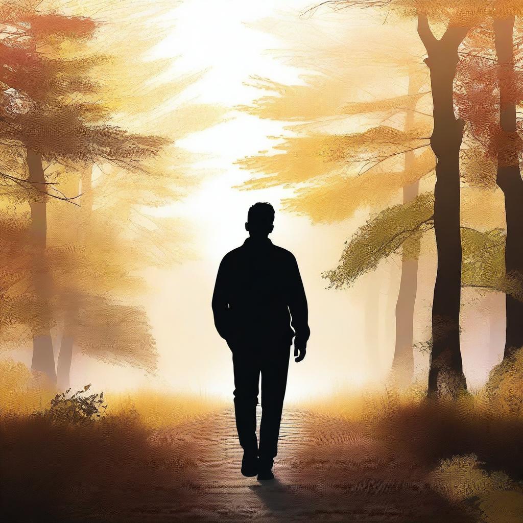 A high-resolution, realistic photograph capturing the back view of a young white male's silhouette, strolling in a stunning natural environment