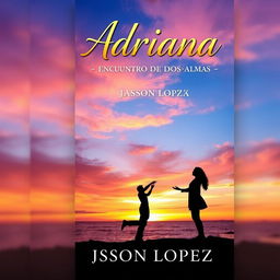 A beautiful book cover design for 'Adriana: Encuentro de Dos Almas' by Jasson Lopez, featuring a romantic and enchanting scene depicting two souls connecting