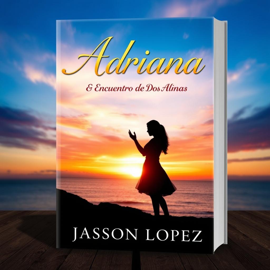 A beautiful book cover design for 'Adriana: Encuentro de Dos Almas' by Jasson Lopez, featuring a romantic and enchanting scene depicting two souls connecting