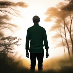 A high-resolution, realistic photograph capturing the back view of a young white male's silhouette, strolling in a stunning natural environment