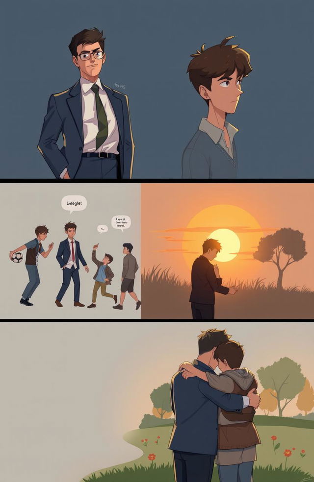 A heartfelt visual narrative depicting the story of two brothers with contrasting mindsets, showcasing their rivalry through the stages of their relationship