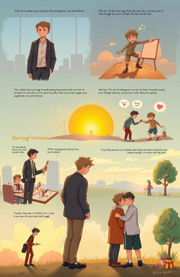 A heartfelt visual narrative depicting the story of two brothers with contrasting mindsets, showcasing their rivalry through the stages of their relationship