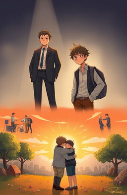 A heartfelt visual narrative depicting the story of two brothers with contrasting mindsets, showcasing their rivalry through the stages of their relationship