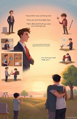 A heartfelt visual narrative depicting the story of two brothers with contrasting mindsets, showcasing their rivalry through the stages of their relationship