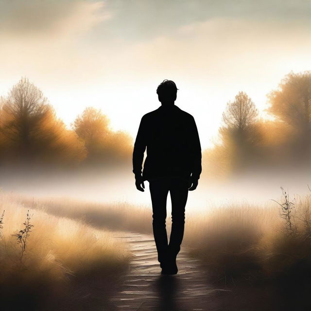 A high-resolution, realistic photograph capturing the back view of a young white male's silhouette, strolling in a stunning natural environment