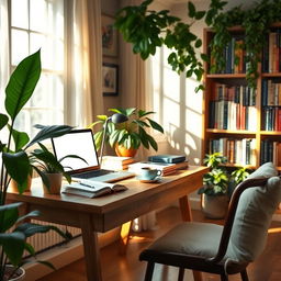 A serene and inviting study space featuring a cozy wooden desk adorned with books, a laptop, and a steaming cup of coffee, surrounded by lush green plants and soft, warm lighting