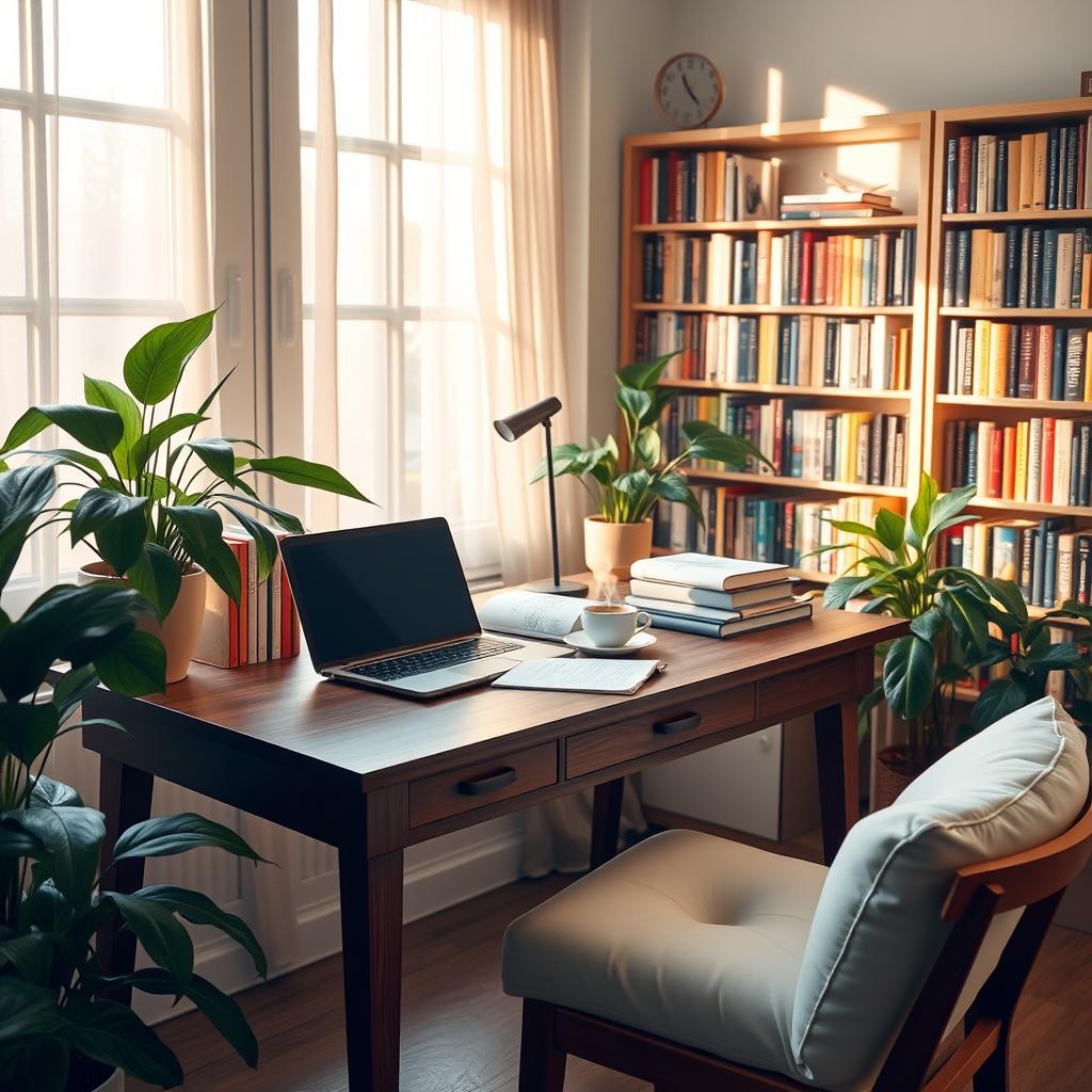 A serene and inviting study space featuring a cozy wooden desk adorned with books, a laptop, and a steaming cup of coffee, surrounded by lush green plants and soft, warm lighting